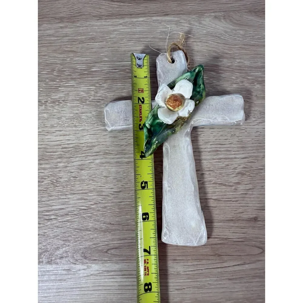 Ceramic Wall Cross, White Flower & Green Leaf, Ballyhoo Hanging Wall Art